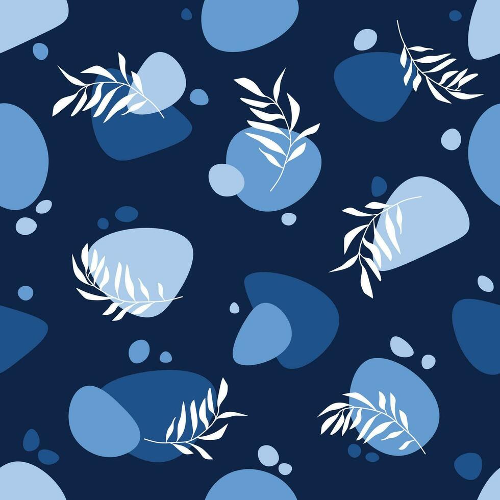 Blue print for clothes. Seamless pattern with spots and abstract plants. Vector illustration