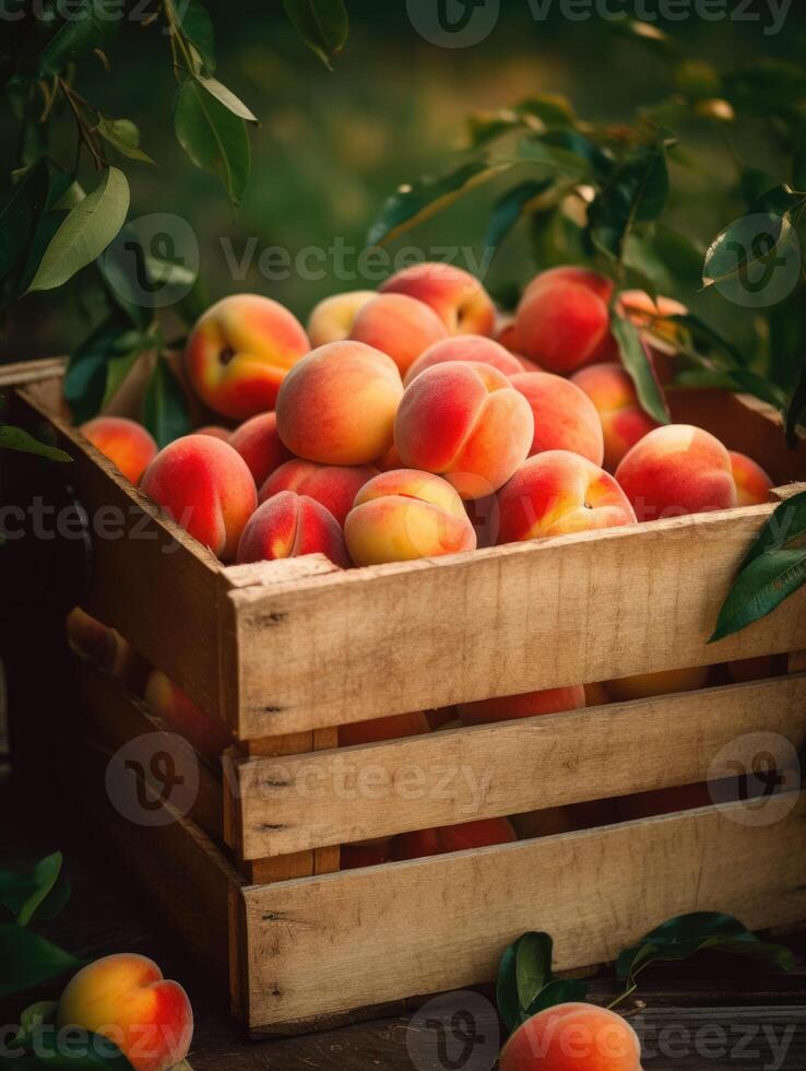 Ripe peaches in a wooden box on a background of the garden. Space for text, vertical, mockup, photo