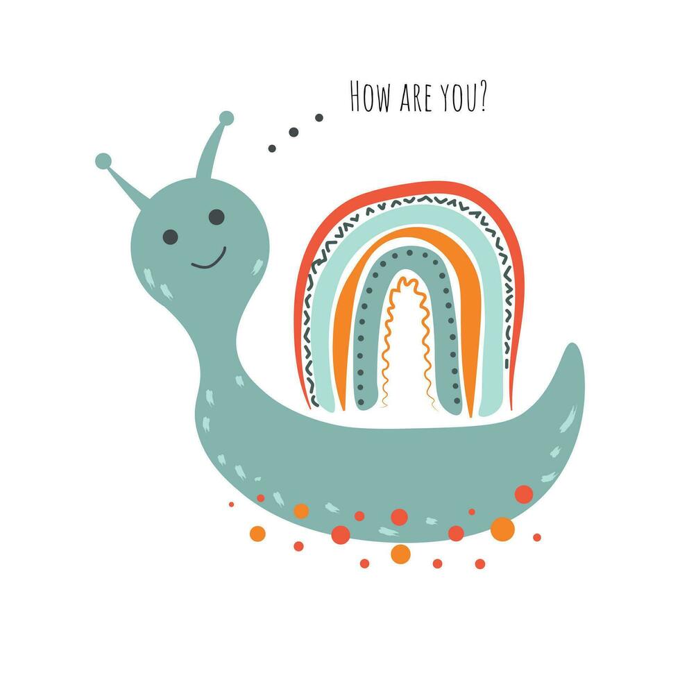 Cute cartoon snail with rainbow. Trendy kids vector print. Ideal for creating posters, cards, prints, digital paper, kids clothing, nursery prints and kids room decor.Vector illustration.