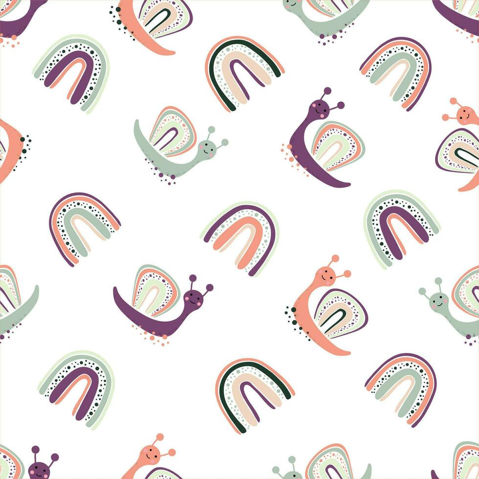 Seamless childish pattern with rainbows and cute snails. Creative scandinavian kids texture for fabric, wrapping, textile, wallpaper, apparel. Vector illustration