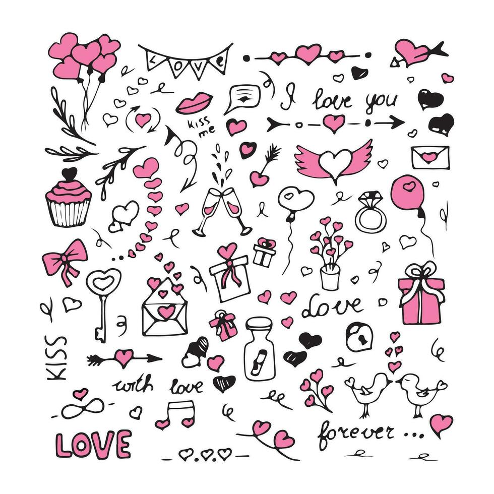 Set of cute Valentine day doodle elements. Objects for concept and design, vector illustration flat. Heart, key, bow, sweets, love letter, flowers, birds, balloons and more on white background