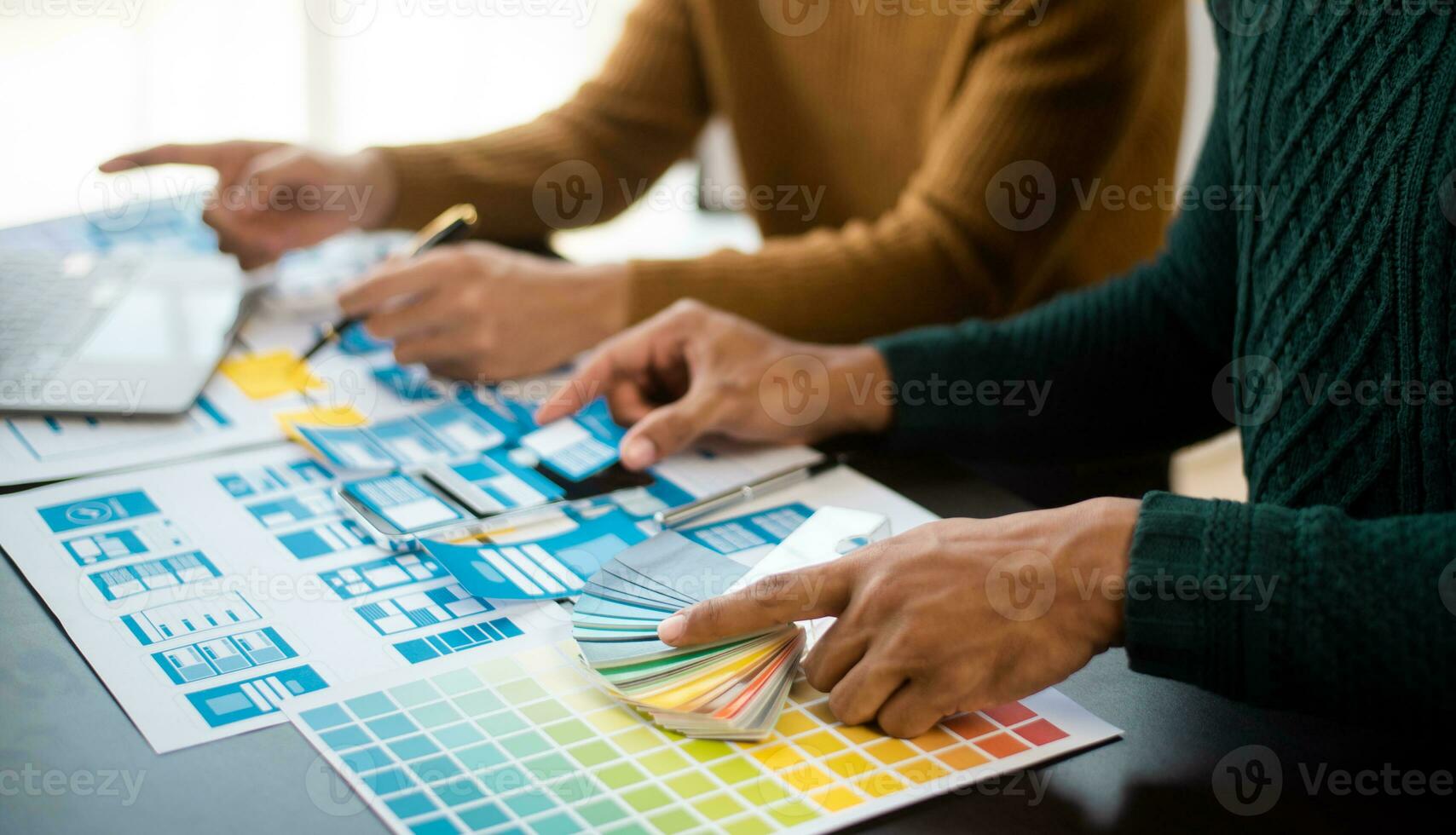 UX graphic designer planning application process development prototype wireframe for web smart phone. Creative digital development photo