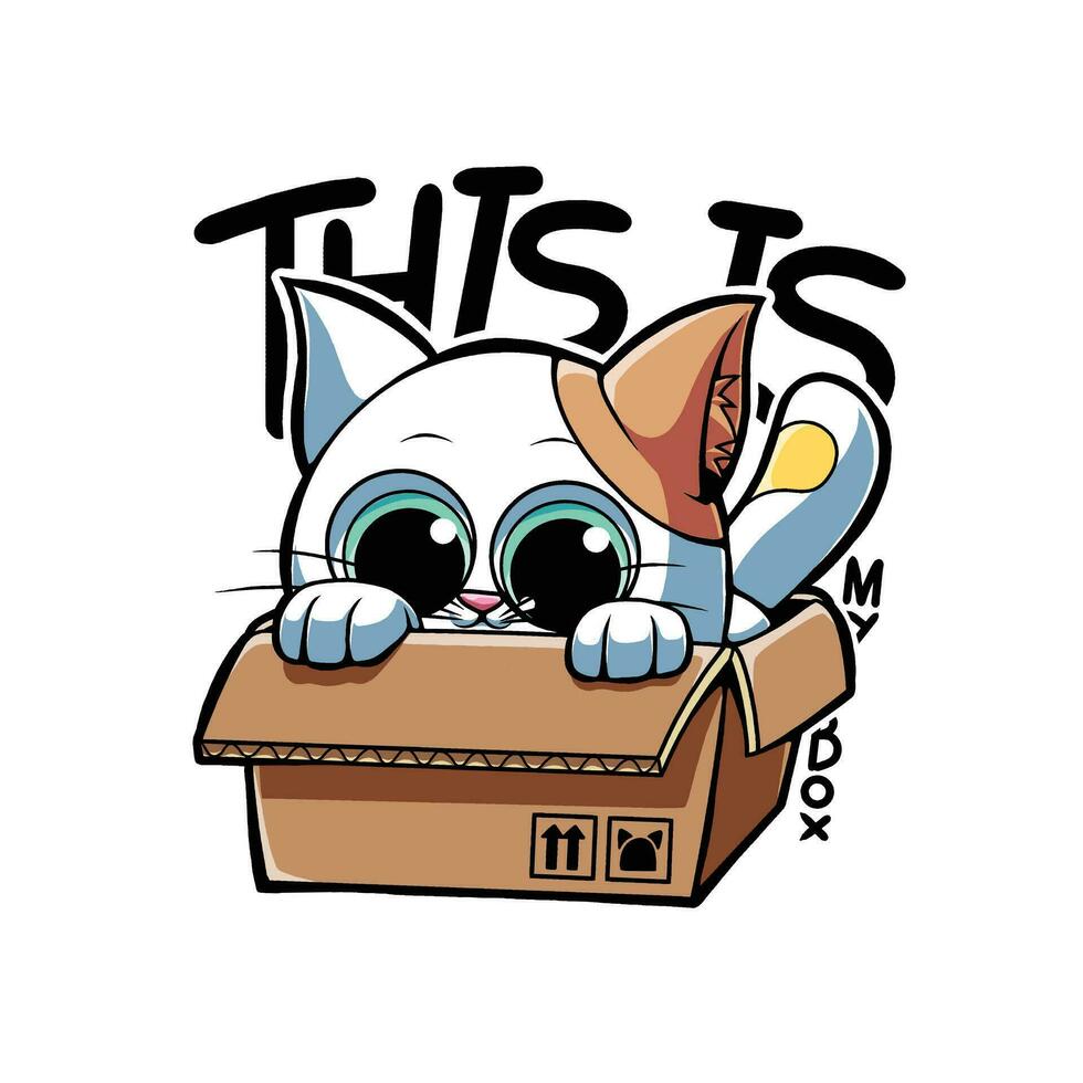 vector illustration depicting a cat hiding in a box, this image is great for stickers, t-shirt designs, and more.