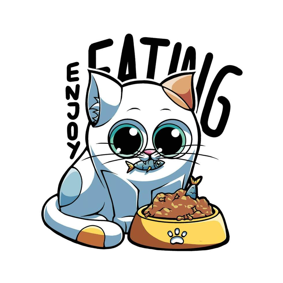 vector illustration depicting a cat enjoying its food, this image is great for stickers, t-shirt designs and more.