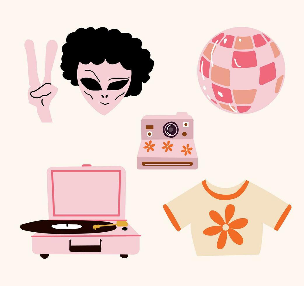 1970s hippy graphics with disco ball, shirt and record player. vector