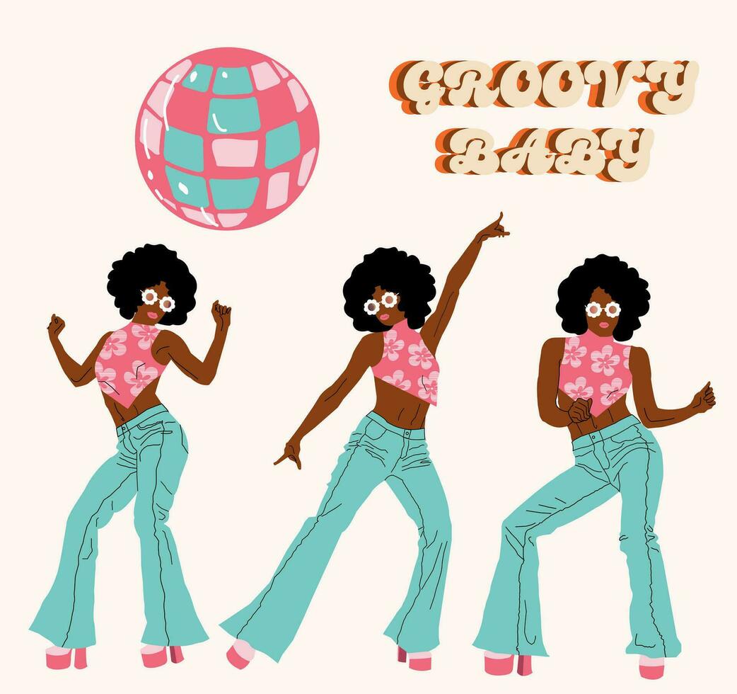 maravilloso disco señoras bailando gráfico elementos. 1970 gráficos embalar. vector