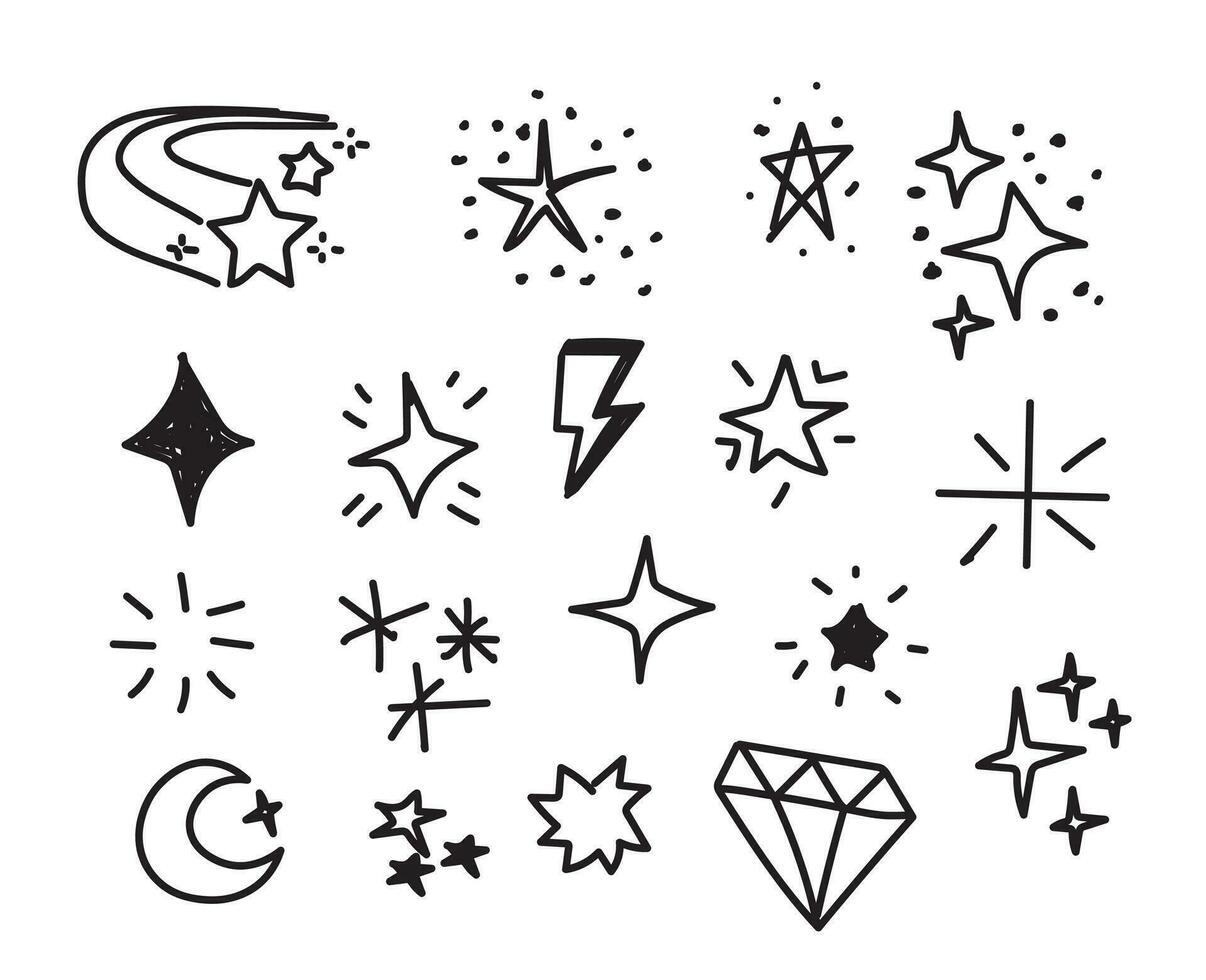 colección de dibujado a mano estrellas y diamante y relámpago tornillo garabatos vector
