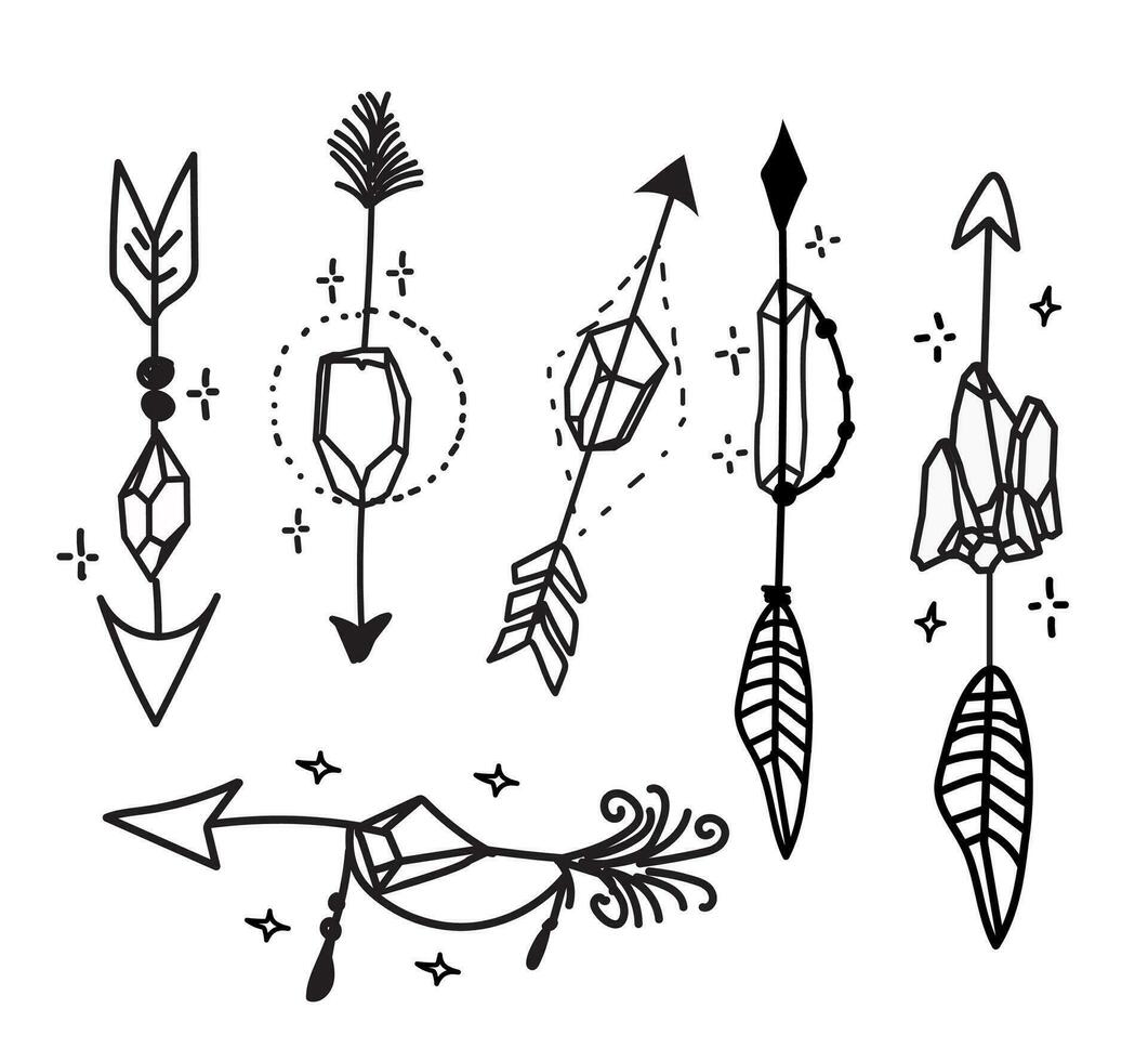 boho-styled arrows with crystals doodle collection. vector
