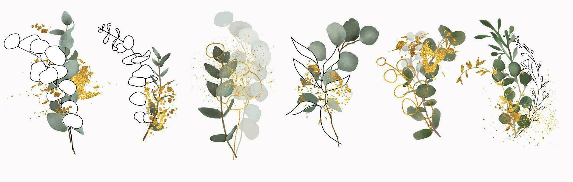 wedding eucalyptus greenery with gold elements in a rustic style. vector