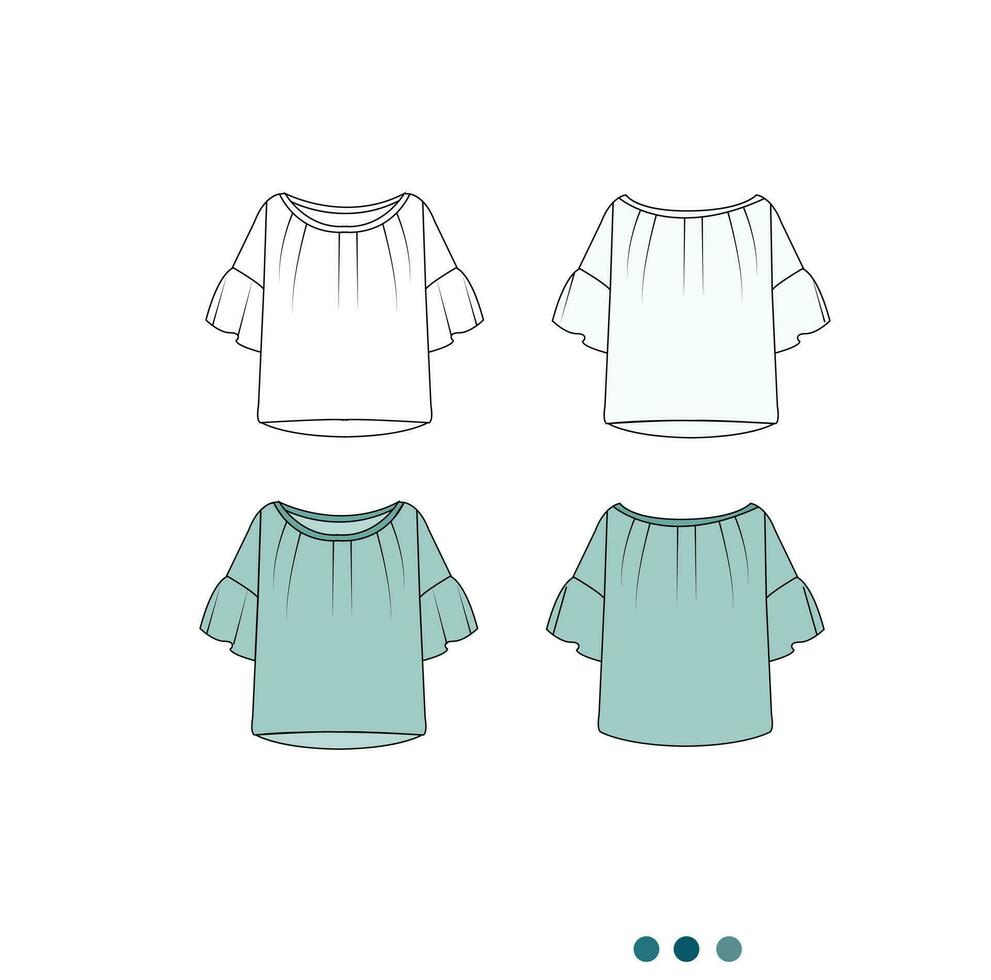 FLARED SLEEVES WITH FRILLED DETAIL WOVEN TOP FOR TEEN GIRLS AND KID GIRLS IN EDITABLE VECTOR FILE