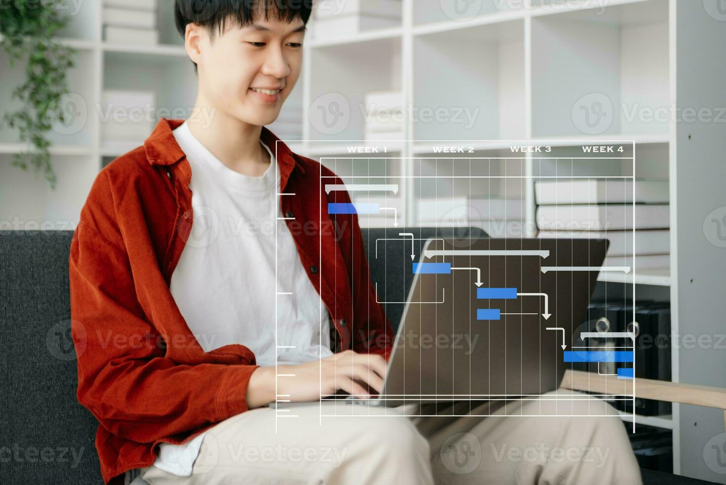 Project manager working and update tasks with milestones progress planning and Gantt chart scheduling diagram. business working with smart phone, tablet and laptop photo