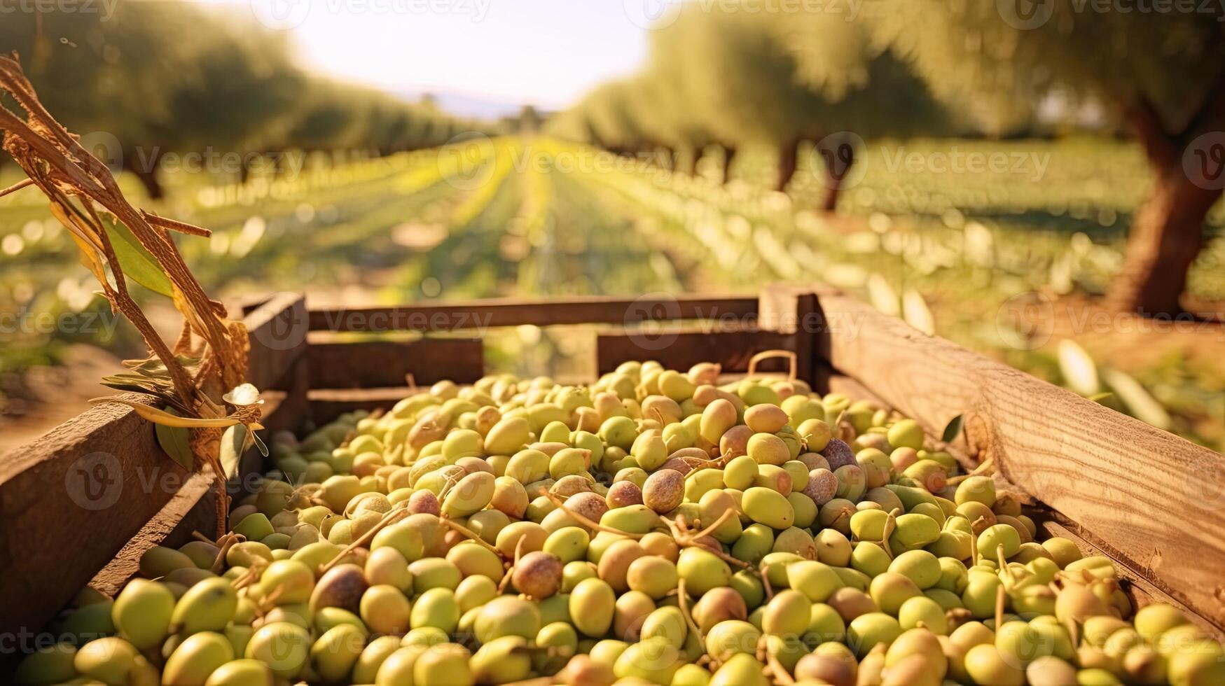 Fresh olives in a wooden box on a background of the field with trees. Space for text, mockup, photo