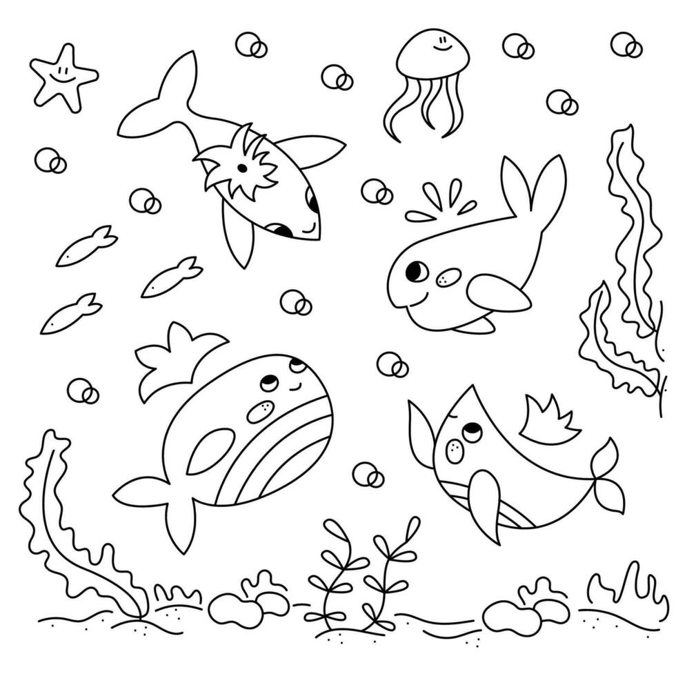 Set with four cute different whales and seabed. Doodle black and white vector illustration.