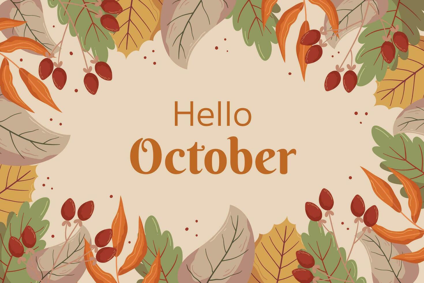 Autumn Hello October background design with leaf and red berry, copy space. Fall concept backdrop frame with different leaves and berries on a twig on the back. Beige color on the back. vector