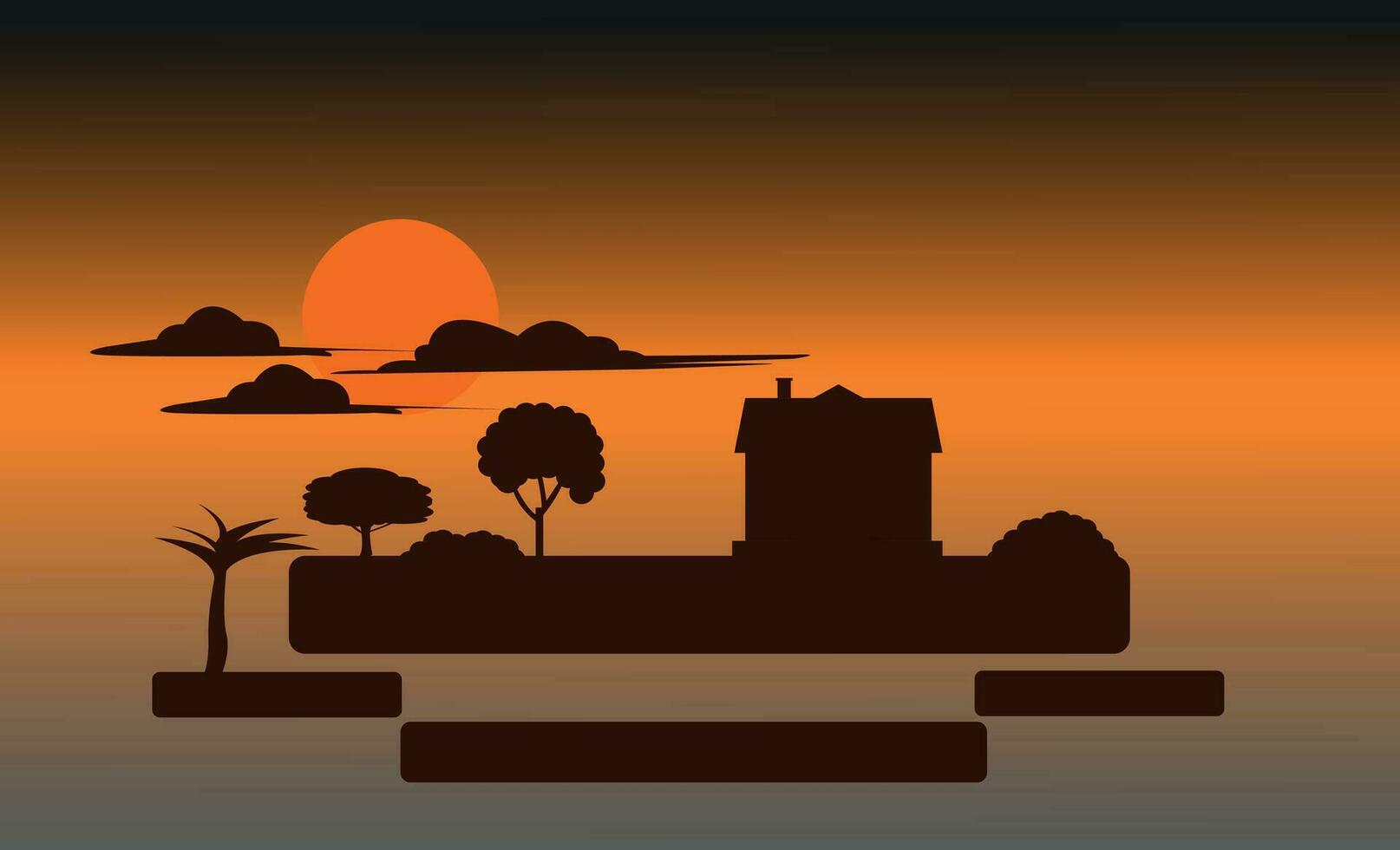 Vector landscape background House, tree with orange sky at night, moon.
