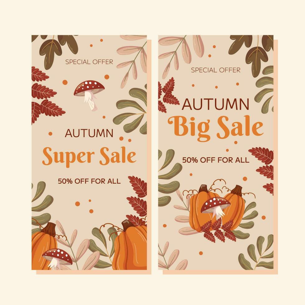 Autumn Sale vertical banner template design. Frame with different leaves branches, pumpkins and mushroom fly agaric. Marketing banner with an offer of a special price. vector