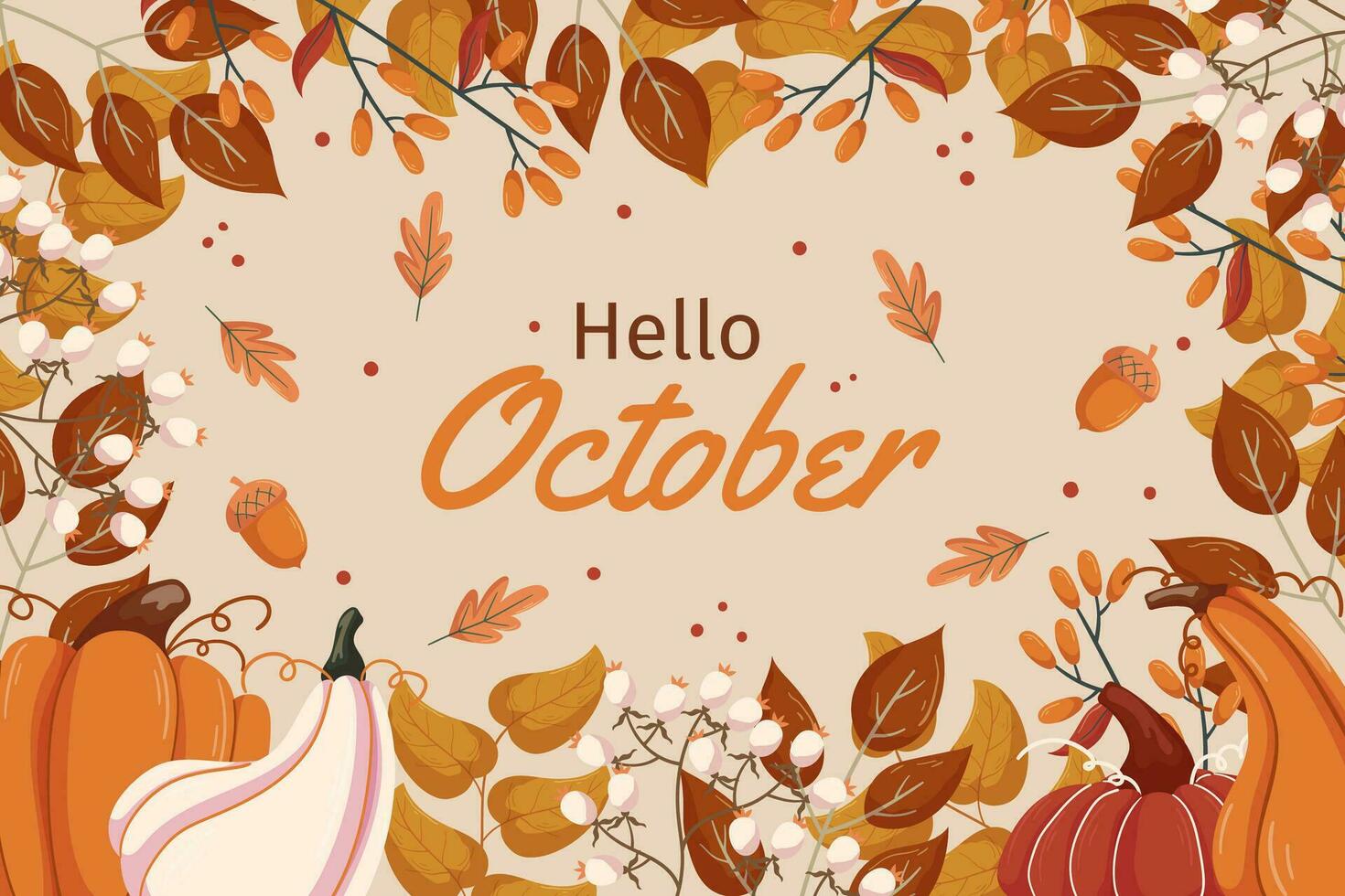 Hello October background design with different leaves branches, pumpkins and acorns, white berry on twig, copy space. Fall concept backdrop frame with autumn vegetable and foliage. vector