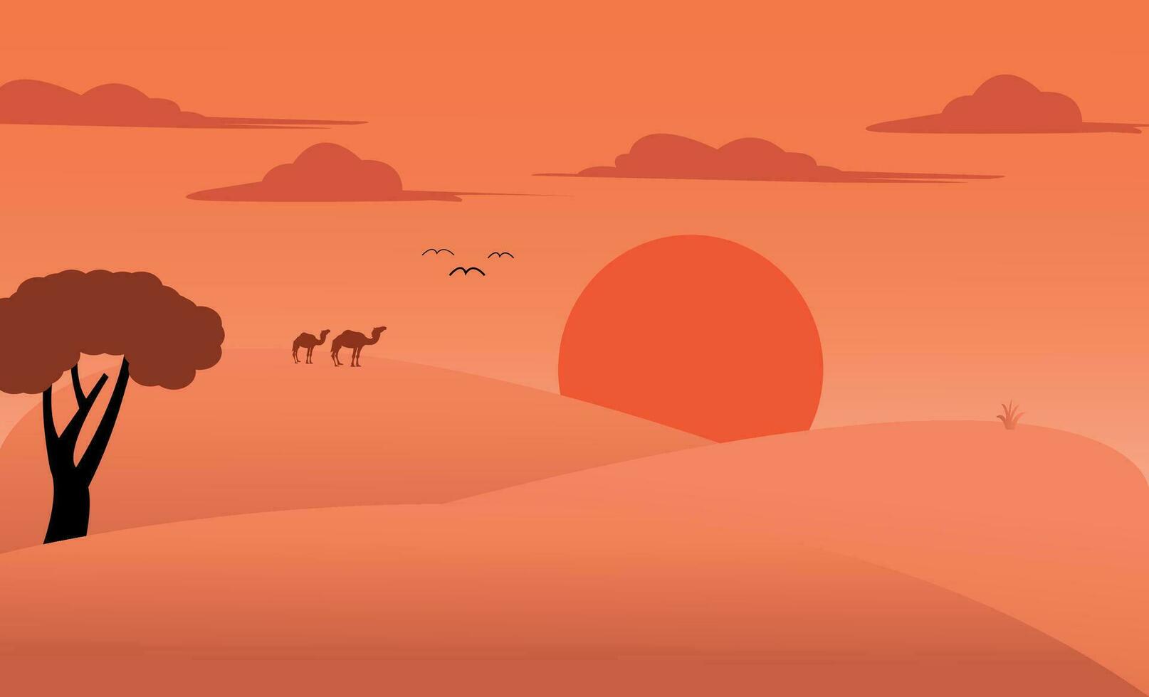 Camel riders on sunset background. Camel riders in a sandy desert. Caravan on a sunset background. landscape with trees and mountains. vector