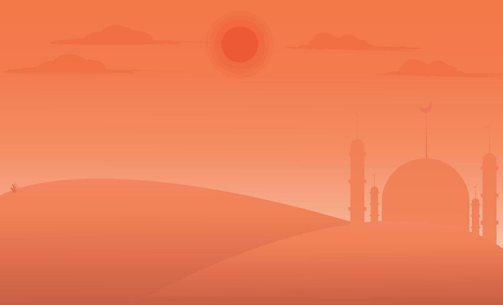 Desert evening with mosque and orange sky red sun background, arabia desert landscape evening view, silhouette vector illustration, Islam or Ramadan concept.