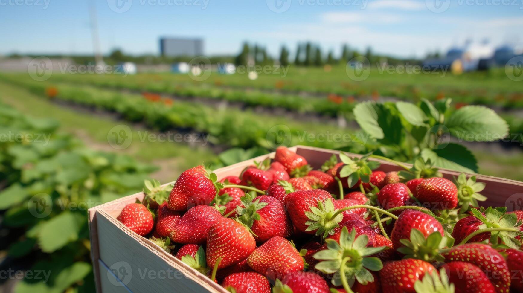 Organic fresh strawberries in a wooden box on the field. Space for text, mockup, photo