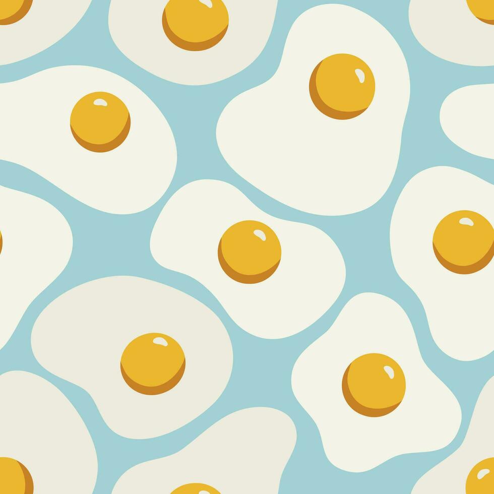 Pattern scrambled eggs on a blue background flat cartoon style. Breakfast food pattern for paper, menu, textile, kitchen. vector