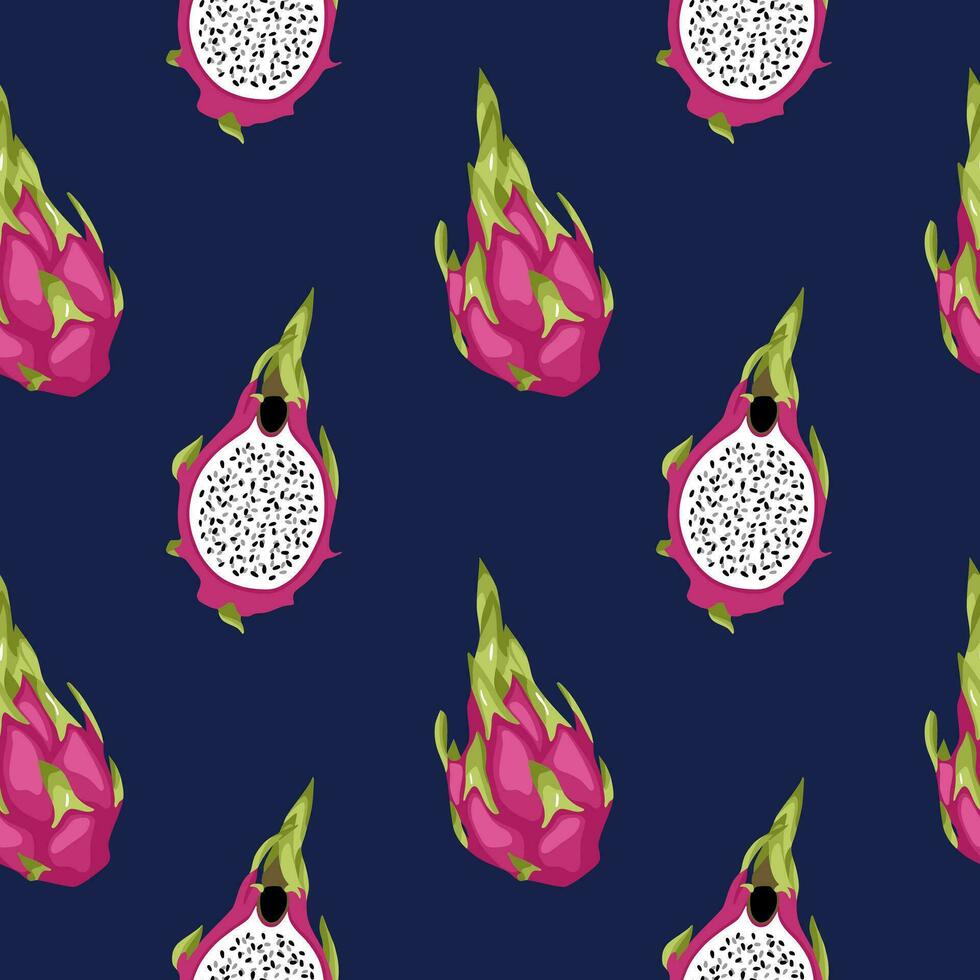 continuar Fruta modelo en oscuro azul antecedentes. pitahaya en plano estilo. exótico frutas sin costura modelo vector