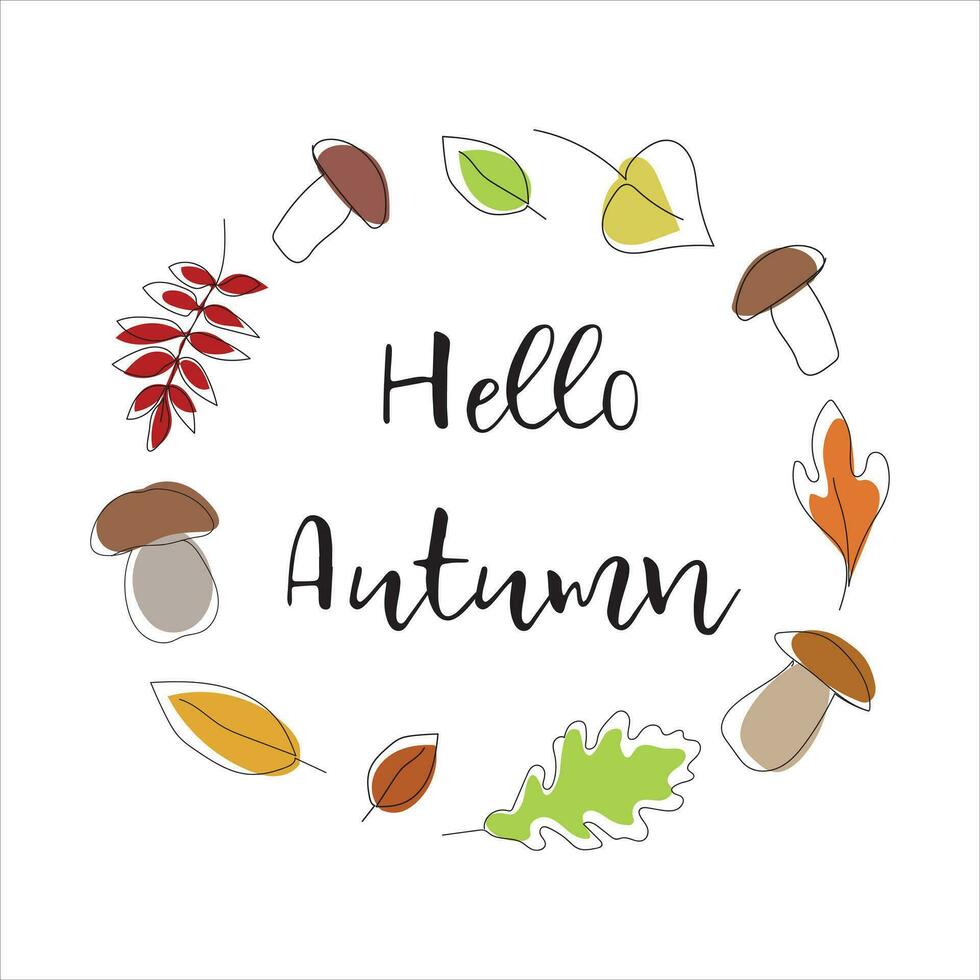 Autumn wreath of leaves and mushrooms with the inscription Hello Autumn. Vector illustration