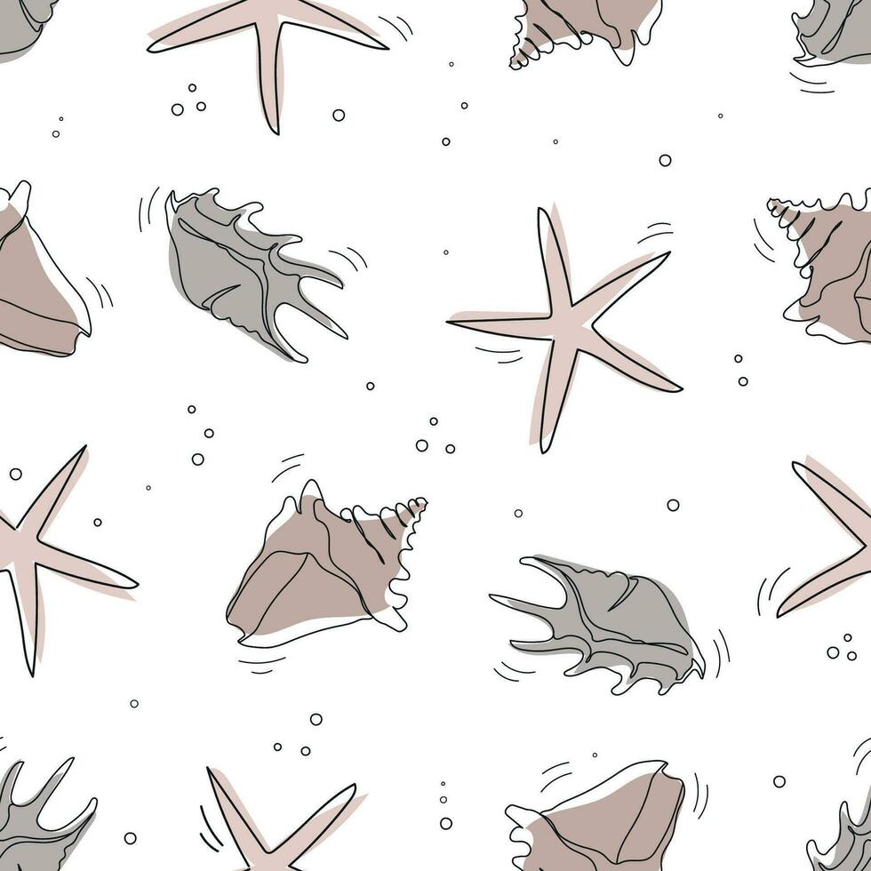 Seashells seamless pattern. One line drawing of a shell. Hand drawn marine illustrations of seashells. Summer tropical ocean beach style vector