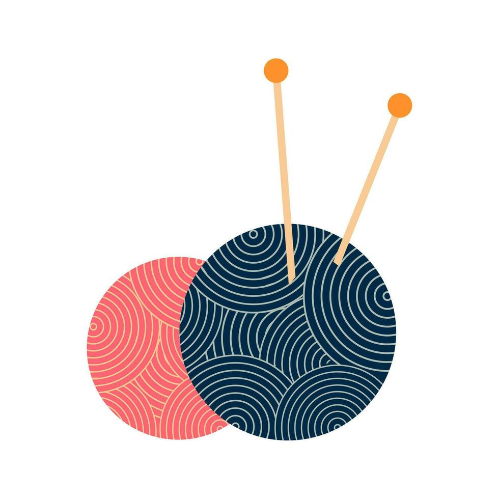 Balls of yarn with knitting needles. Clews, skeins of wool. Tools for knitwork, handicraft, crocheting, hand-knitting. vector