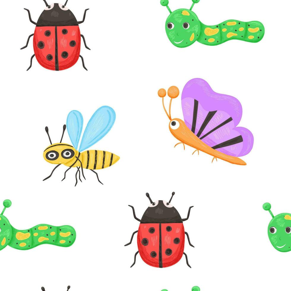 Ladybug and butterfly pattern in cartoon style vector
