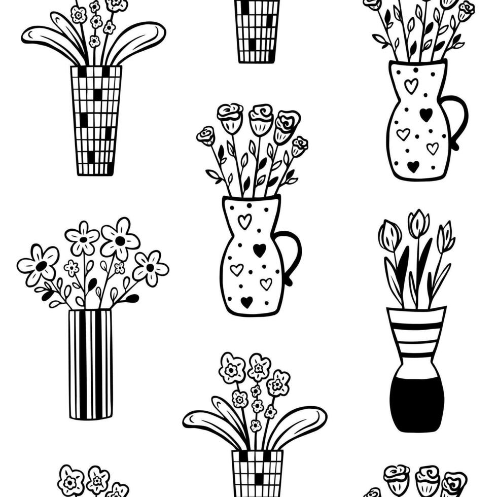 doodle flowers in vase pattern vector