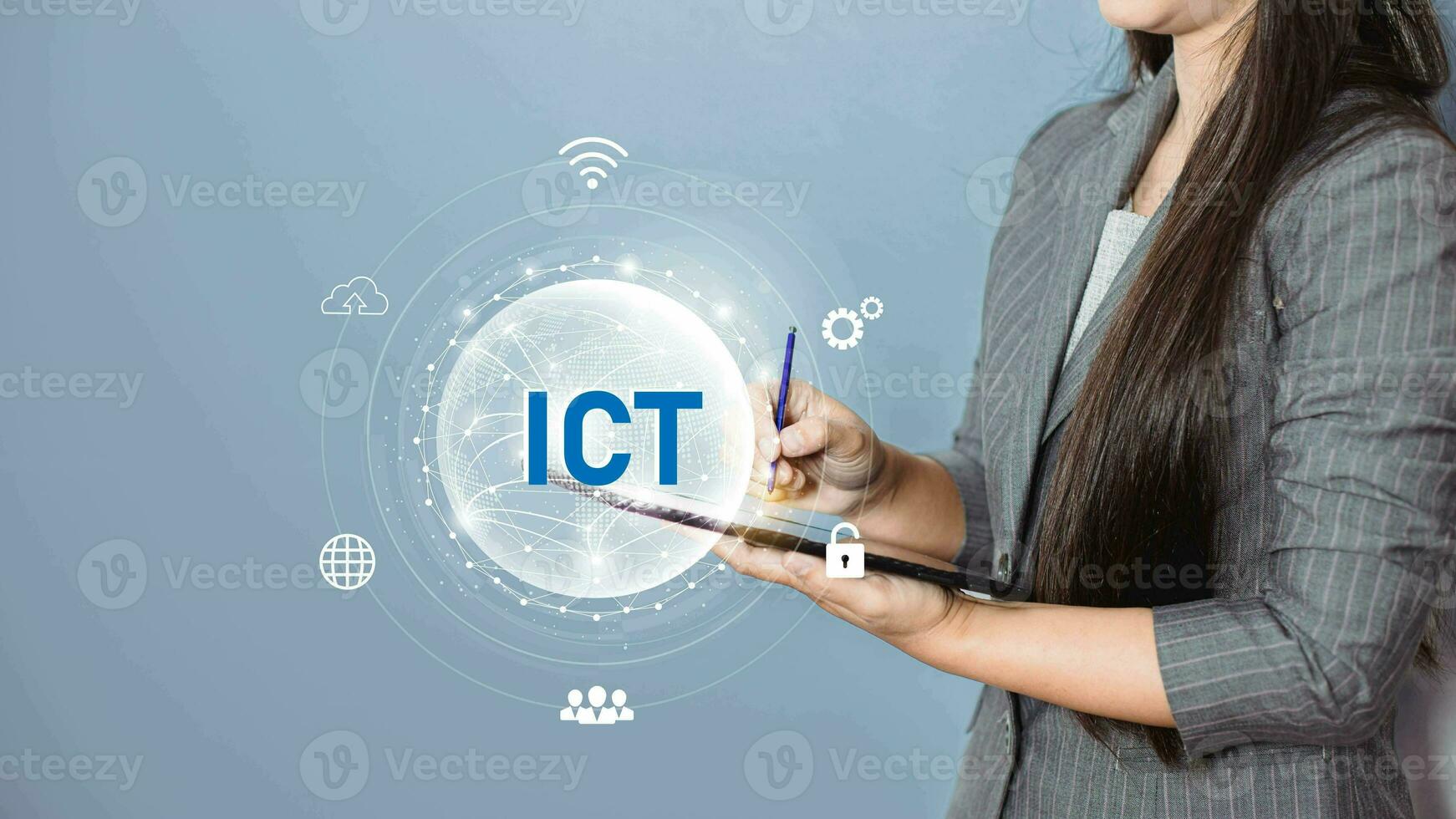 Businesswoman touching on mobile and Computer Information and communication technology ICT concept.Information and communication technology .Wireless communication network. photo