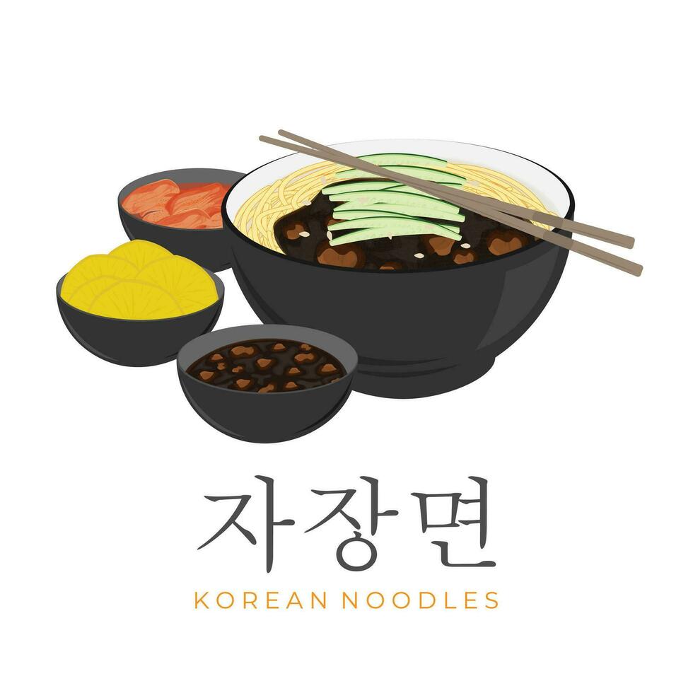coreano fideos jajangmyeon ilustración logo con adicional lado platos banchan danmuji y kimchi vector