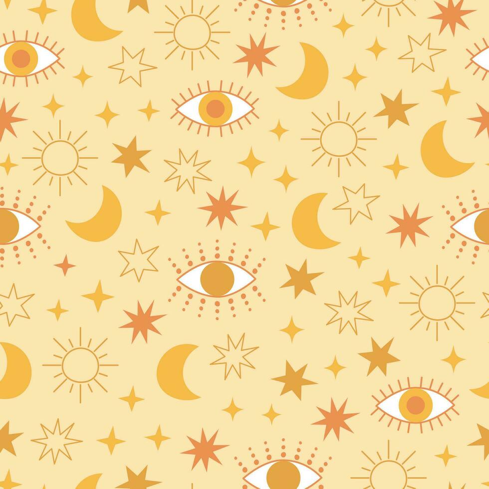 Evil eye celestial seamless pattern with stars, moon and sun. Pastel colors universe surface design vector