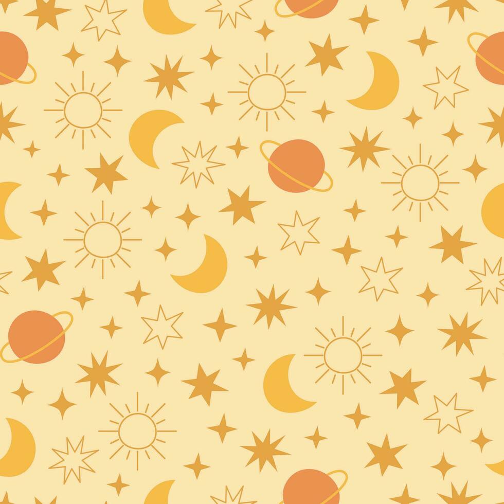Boho celestial seamless pattern with stars, planet, moon and sun. Pastel colors universe surface design vector