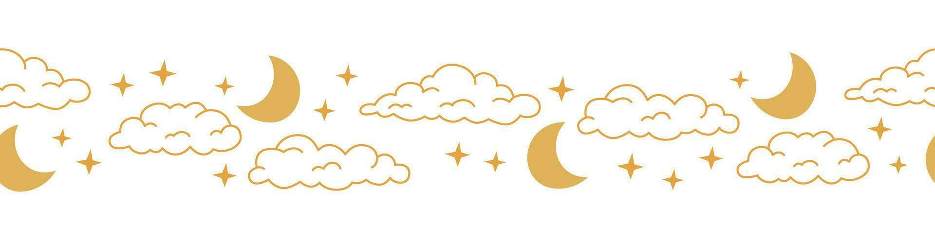 Boho celestial seamless border with line art cloud, moon and star. Yellow colors universe design vector