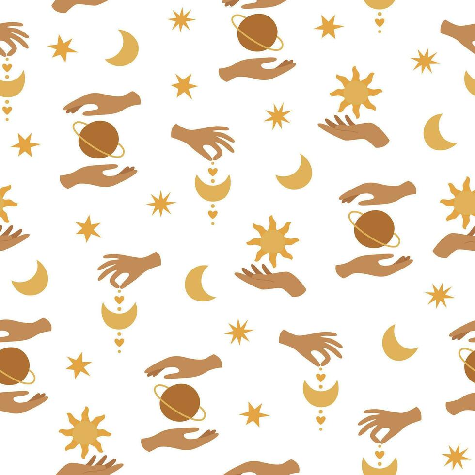 Boho celestial seamless pattern with hands, stars, planet, moon and sun. Pastel colors universe surface design vector