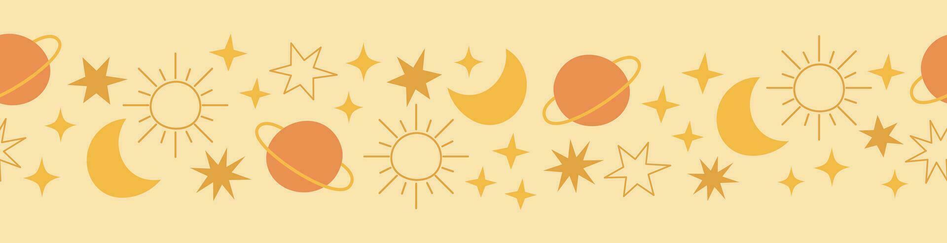 Boho celestial seamless border with stars, planet, moon and sun. Pastel colors universe surface design vector