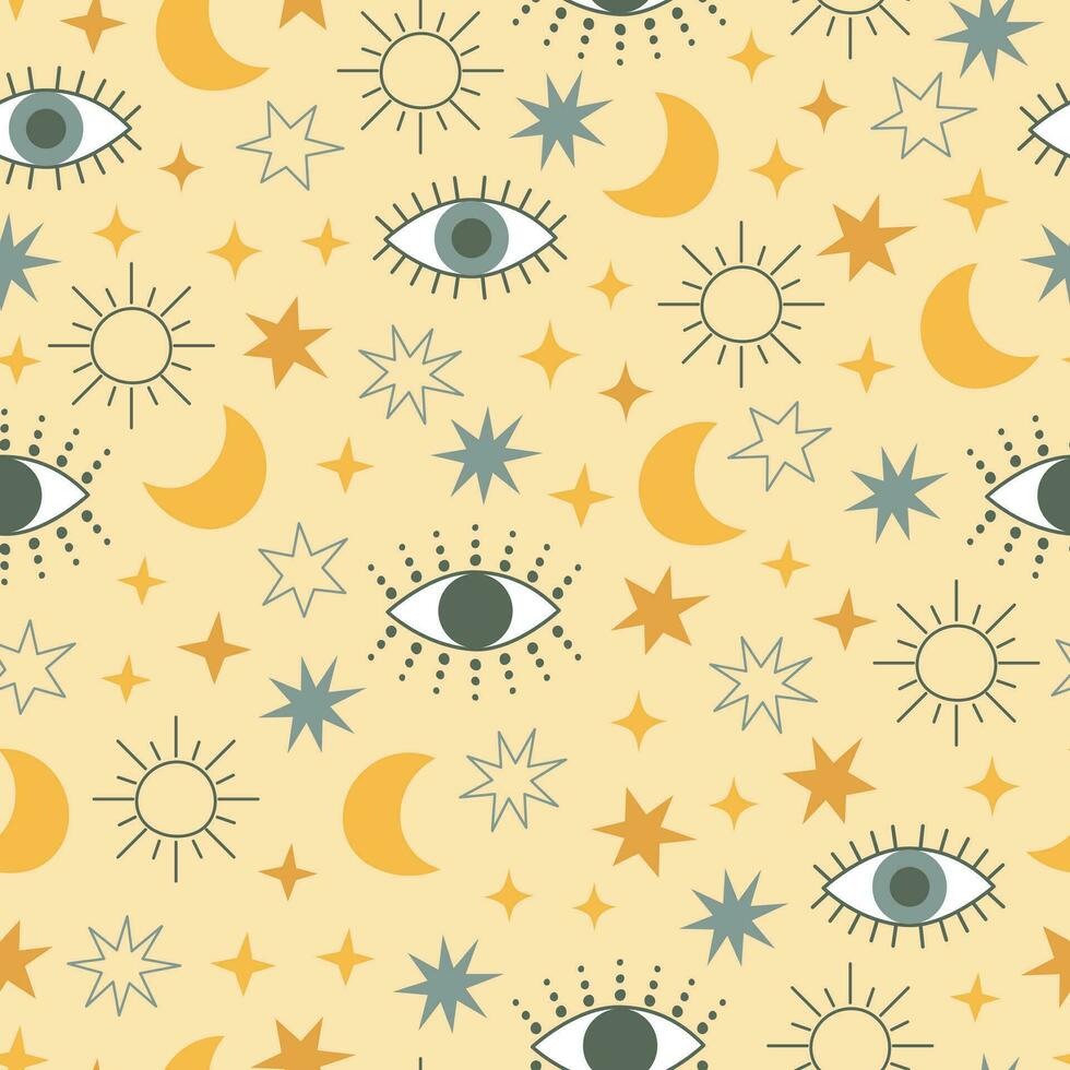 Evil eye celestial seamless pattern with stars, moon and sun. Yellow and blue colors universe surface design vector