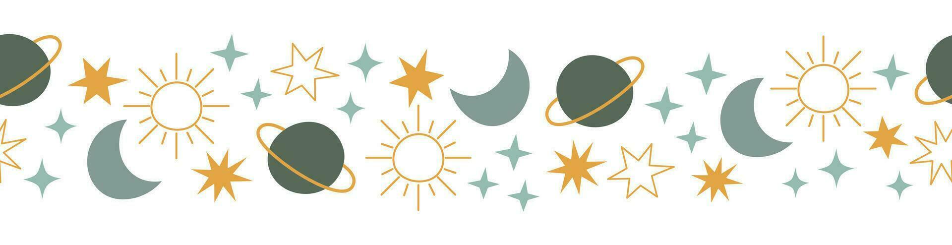 Boho celestial seamless border with stars, planet, moon and sun. Blue and yellow colors universe design vector