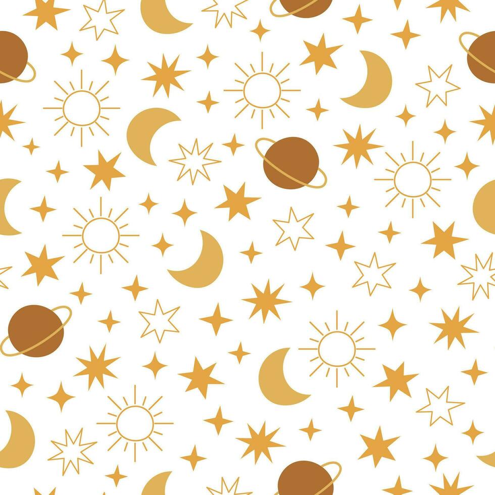 Boho celestial seamless pattern with stars, planet, moon and sun. Pastel colors universe surface design vector