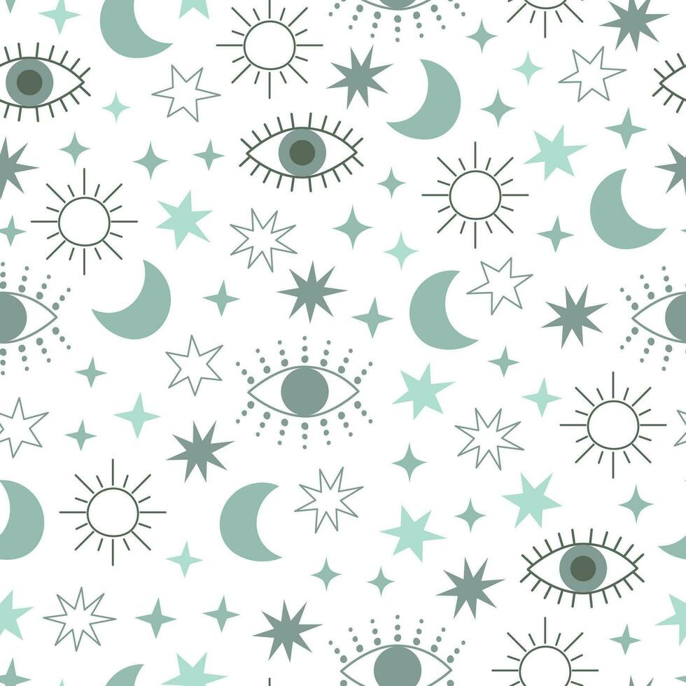 Evil eye celestial seamless pattern with stars, moon and sun. Blue colors universe surface design vector