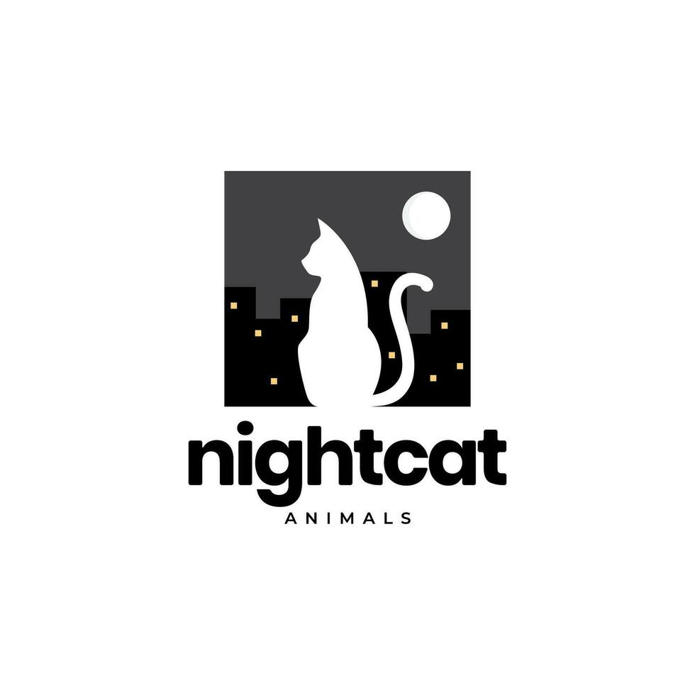 animal mascotas gato noche Luna ciudad edificio logo diseño vector