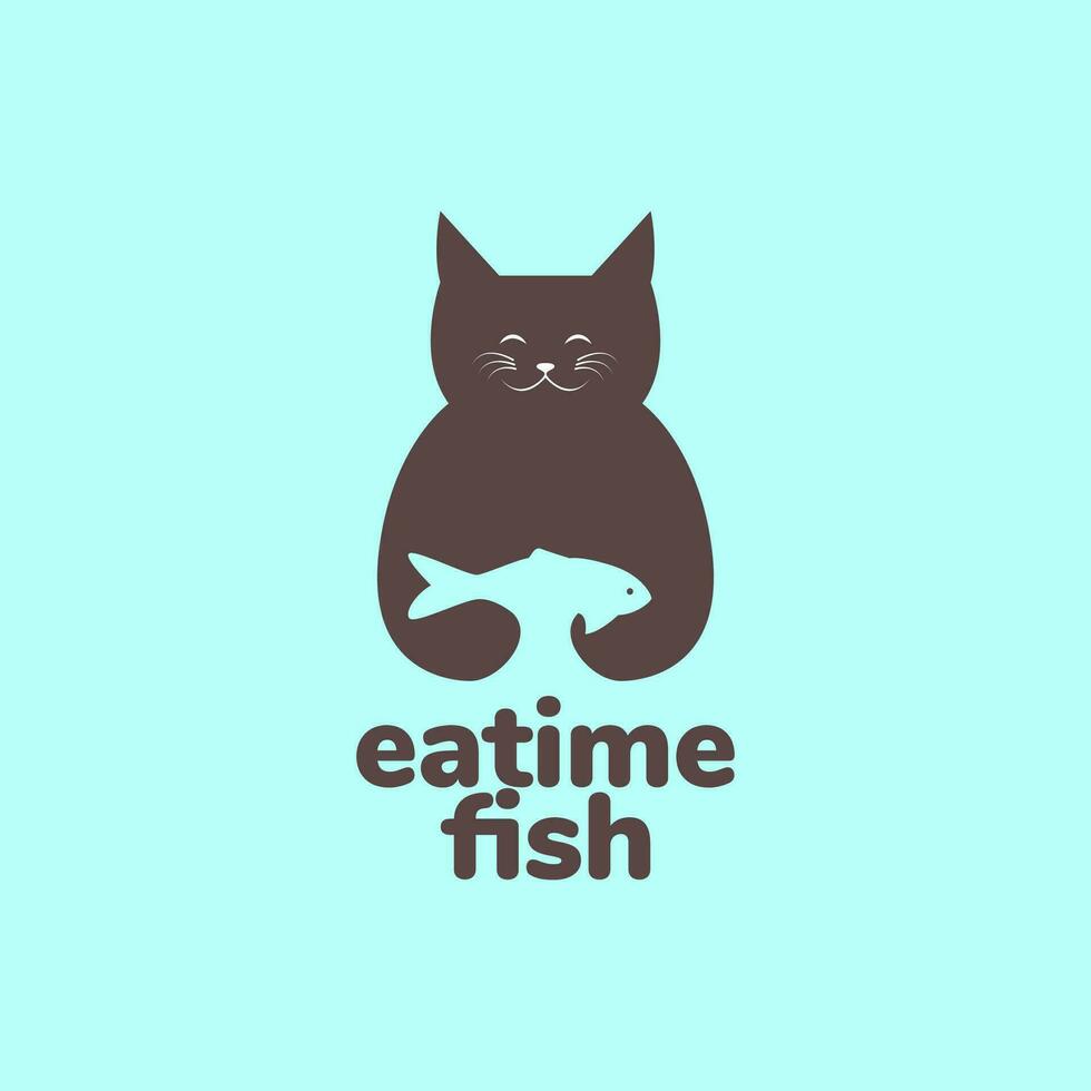 animal pets cat catch fish eat mascot flat simple logo design vector