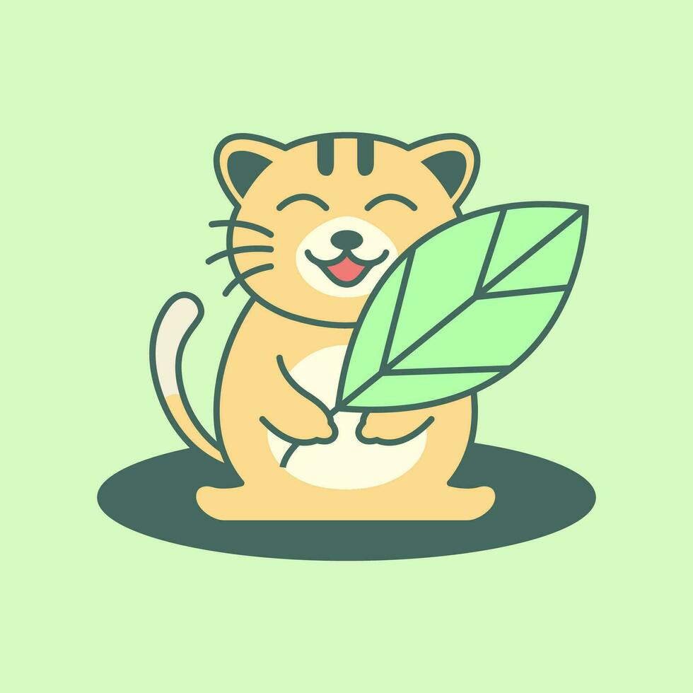 cat kitten pets cute playing leaf plant mascot cartoon logo vector icon illustration