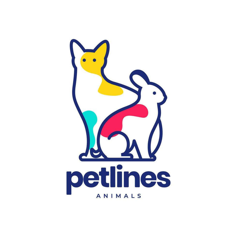 cat and rabbit pets line art colorful abstract modern minimal mascot logo vector icon illustration