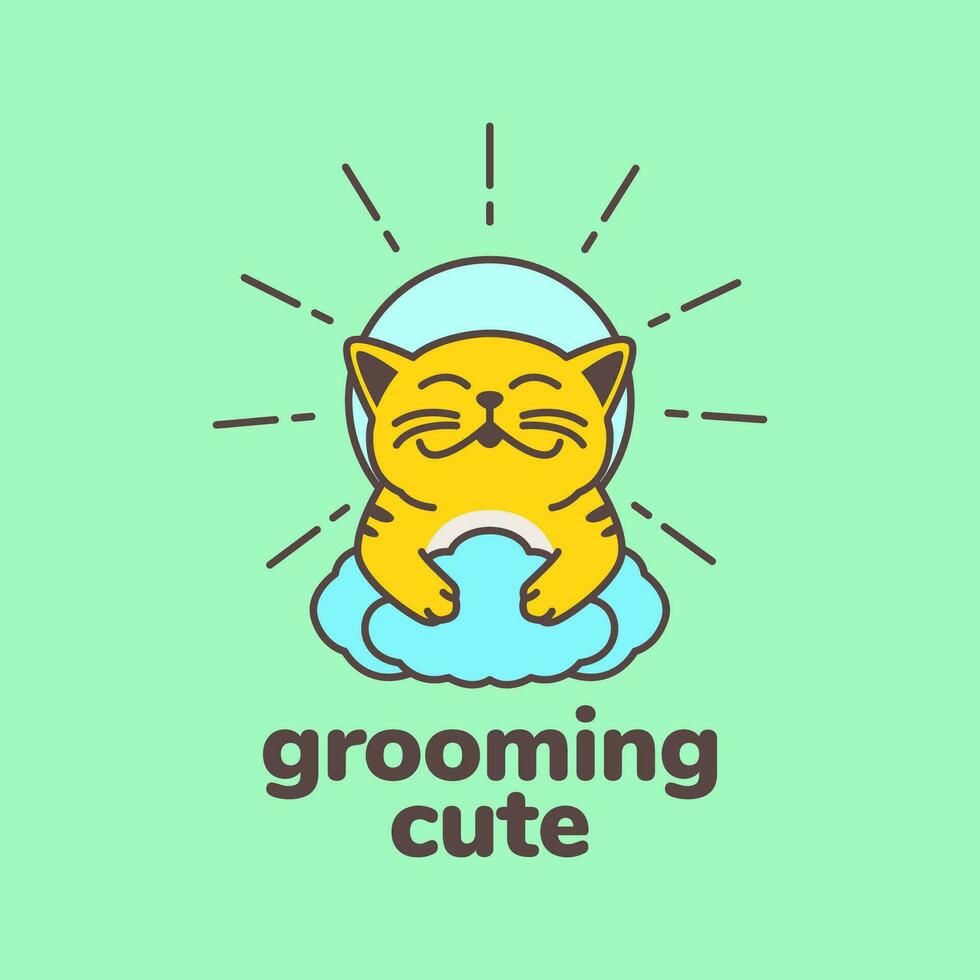cat pets grooming clean wash treatment colorful modern mascot cartoon logo vector icon illustration