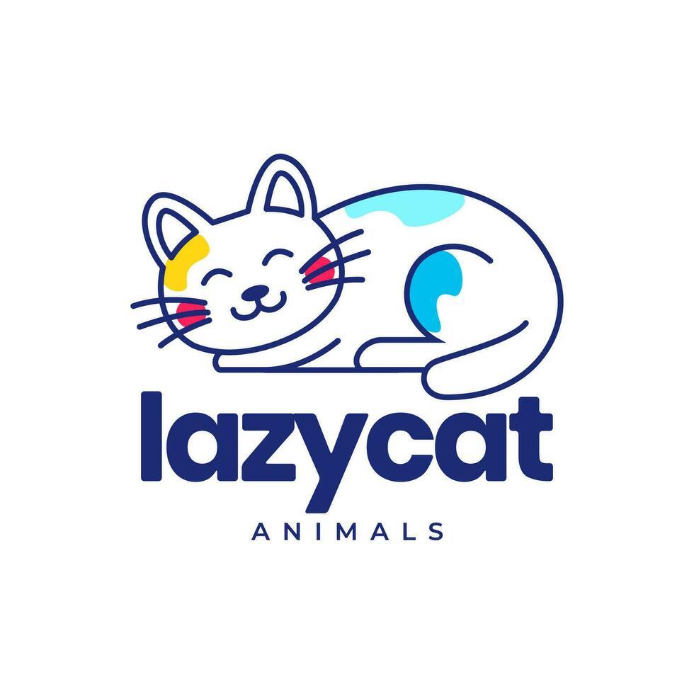 cat kitten pets sleep lazy line art modern abstract colorful mascot cartoon logo vector icon illustration