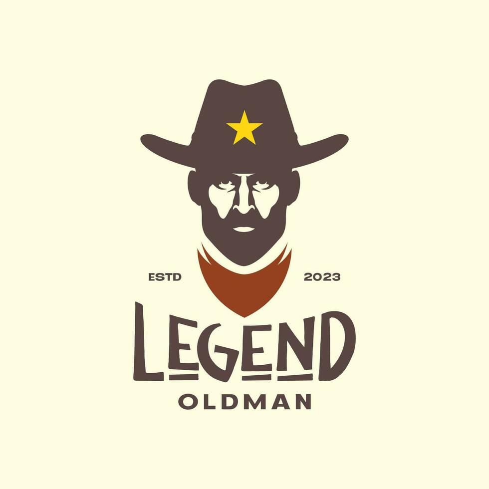 old man bearded legend cowboy hat bandanna classic vintage hipster logo vector icon illustration