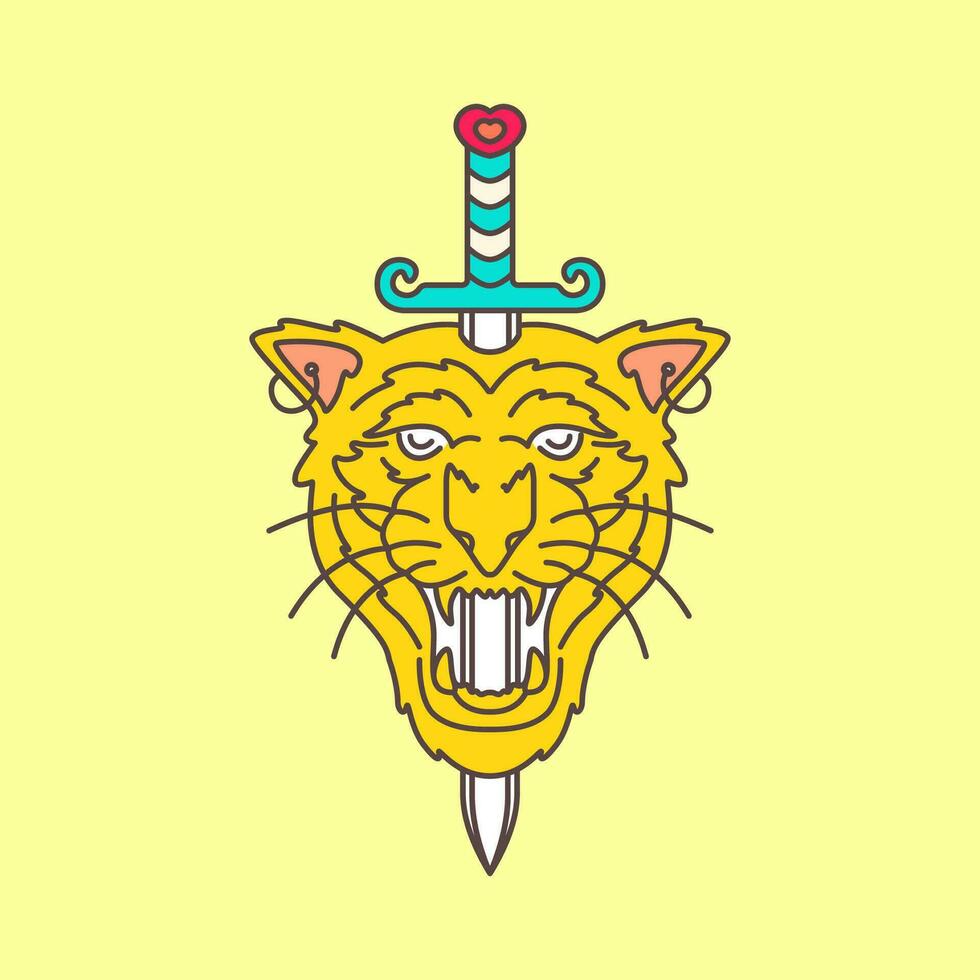 rugido Tigre cabeza bestia fauna silvestre selva espadas vistoso mínimo Clásico mascota logo vector icono ilustración